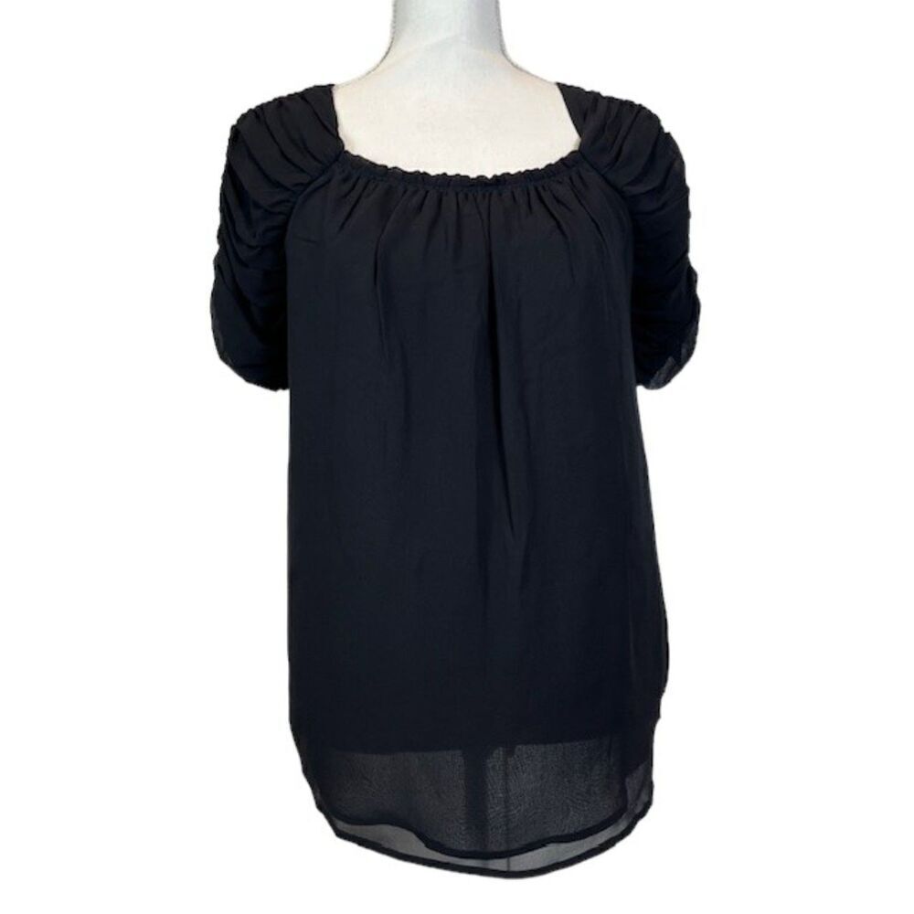 Joie Silk Short Sleeve Ruched Pleated Sleeve Elastic Neck Black Top Size Small
